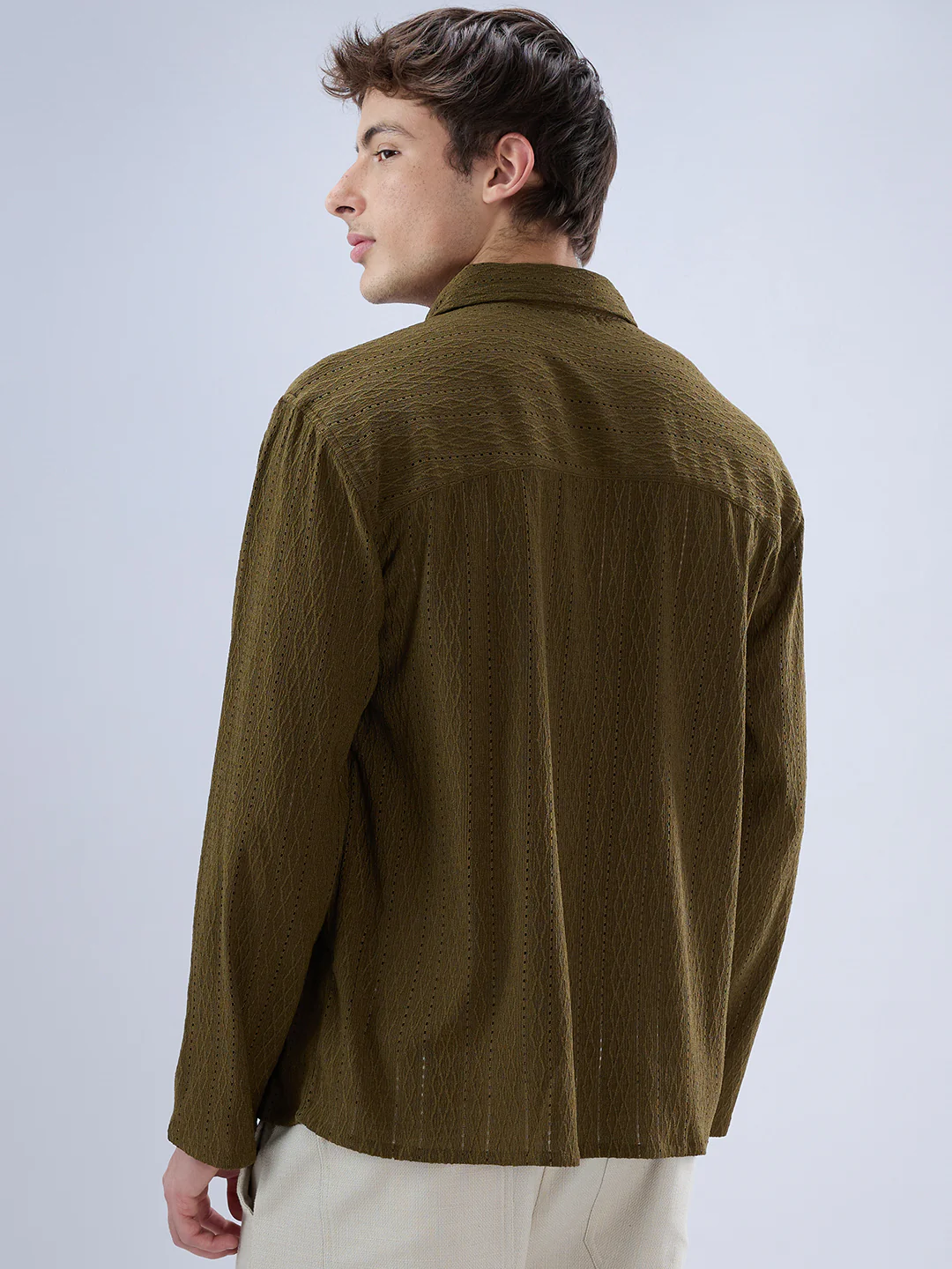 Olive Fine Lozenge Weave Polo Oversized Shirt - Image 7