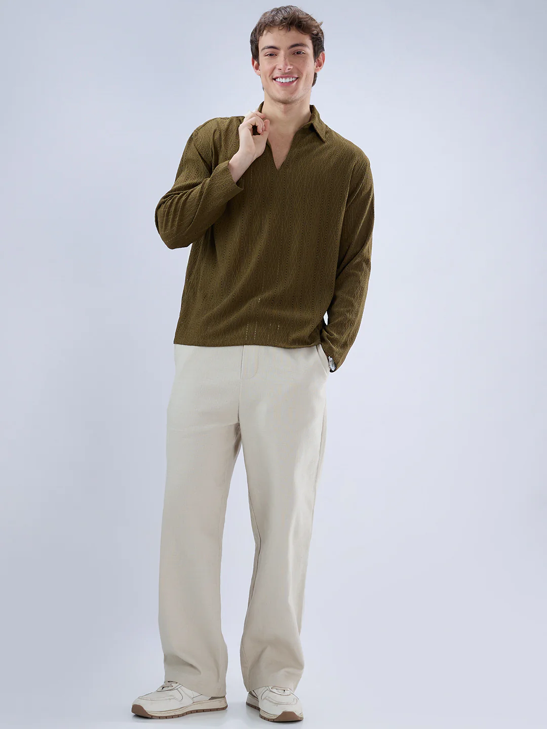 Olive Fine Lozenge Weave Polo Oversized Shirt - Image 8