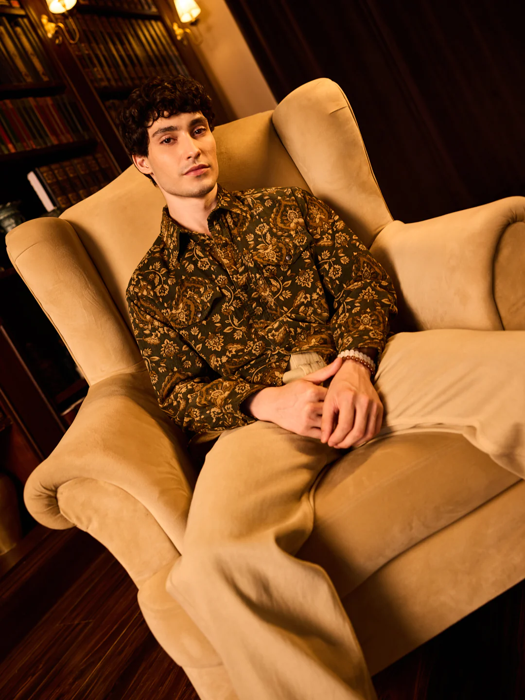 Olive Floral Paisley Printed Double Pocket Corduroy Shirt - Image 2