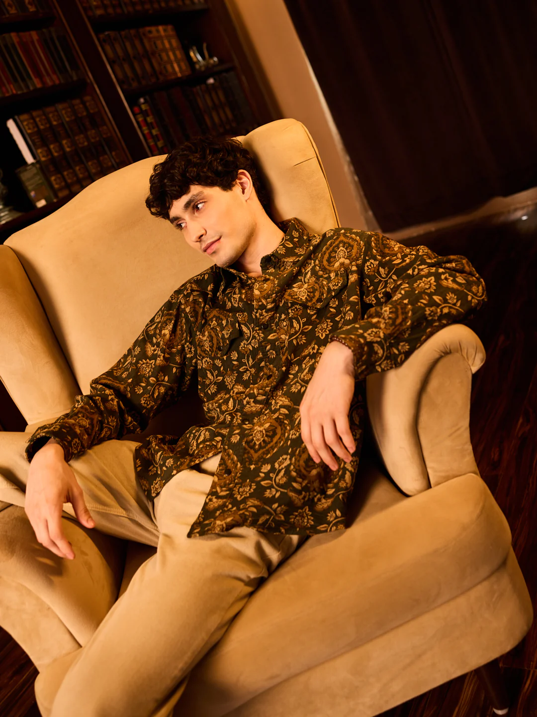 Olive Floral Paisley Printed Double Pocket Corduroy Shirt - Image 3