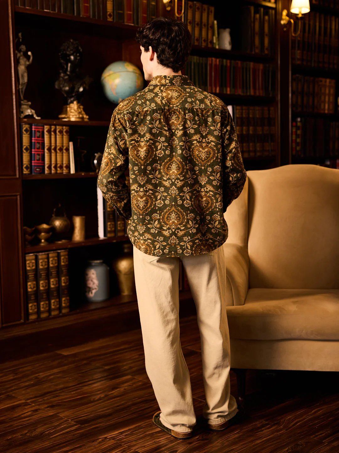 Olive Floral Paisley Printed Double Pocket Corduroy Shirt - Image 6