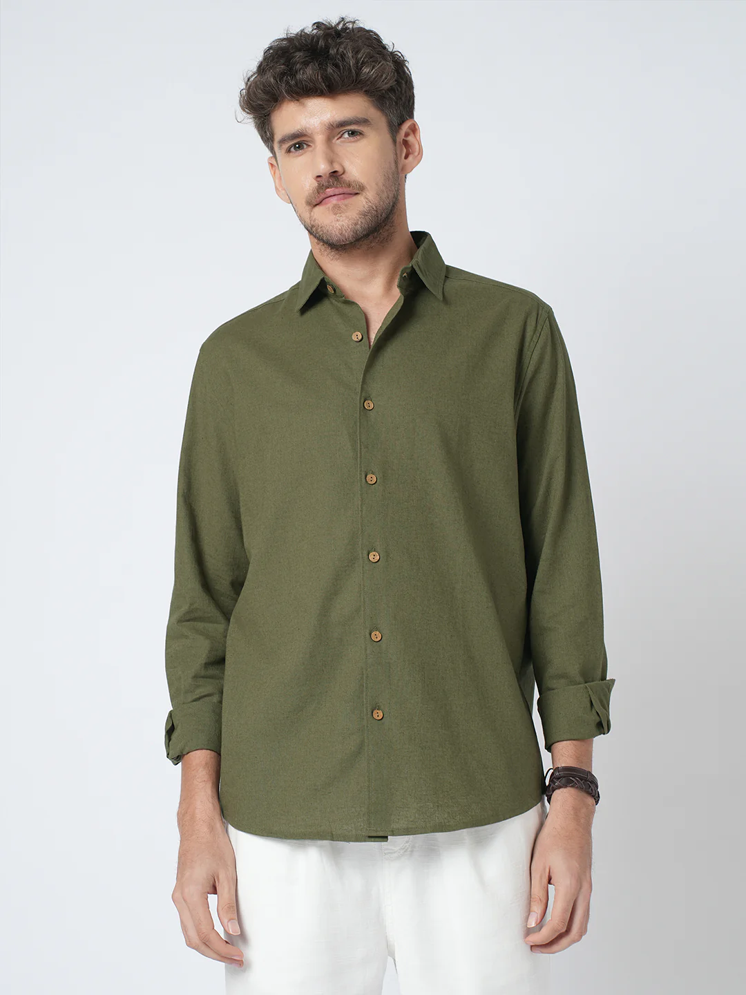 Olive Forest Haze Pure Linen Shirt - Image 5