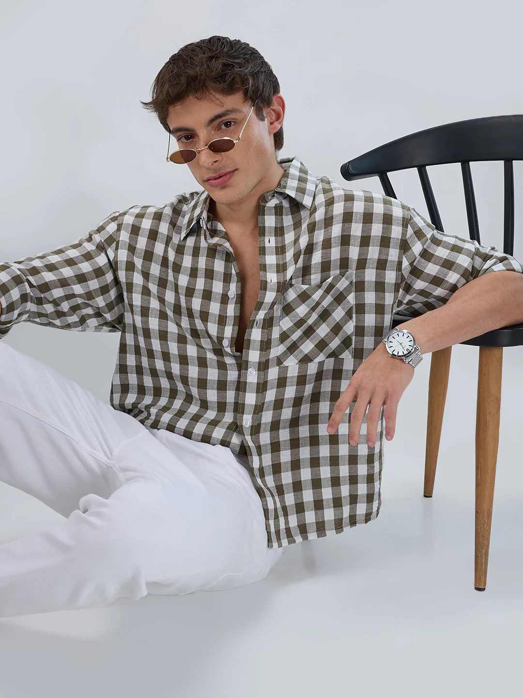 Olive Gingham Checks Crinkled Boxy Fit Crop Shirt - Image 2