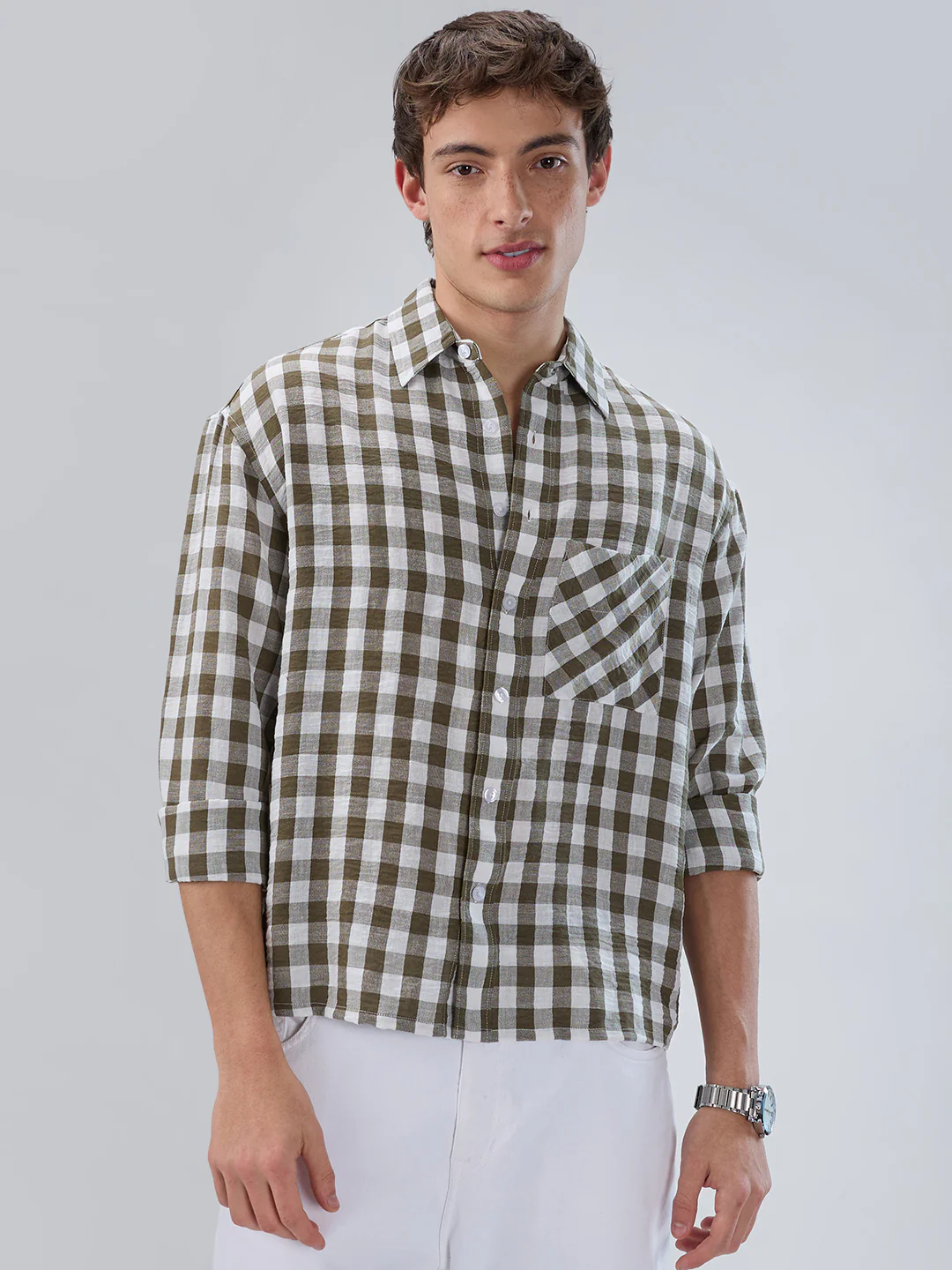 Olive Gingham Checks Crinkled Boxy Fit Crop Shirt - Image 4