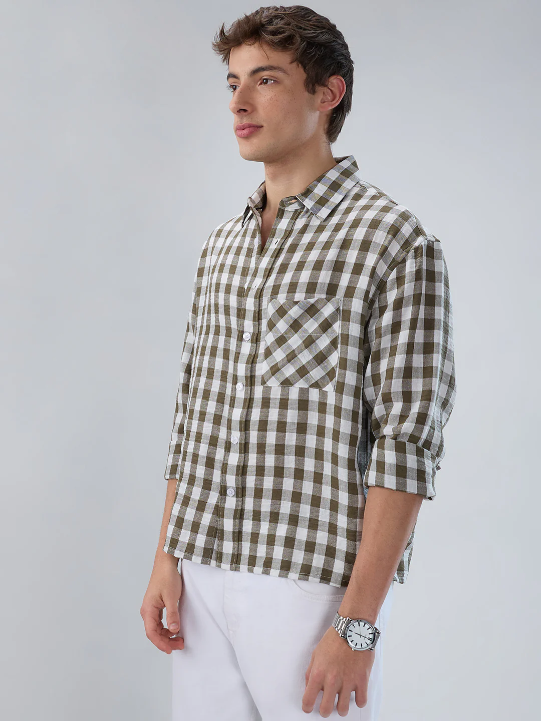 Olive Gingham Checks Crinkled Boxy Fit Crop Shirt - Image 5