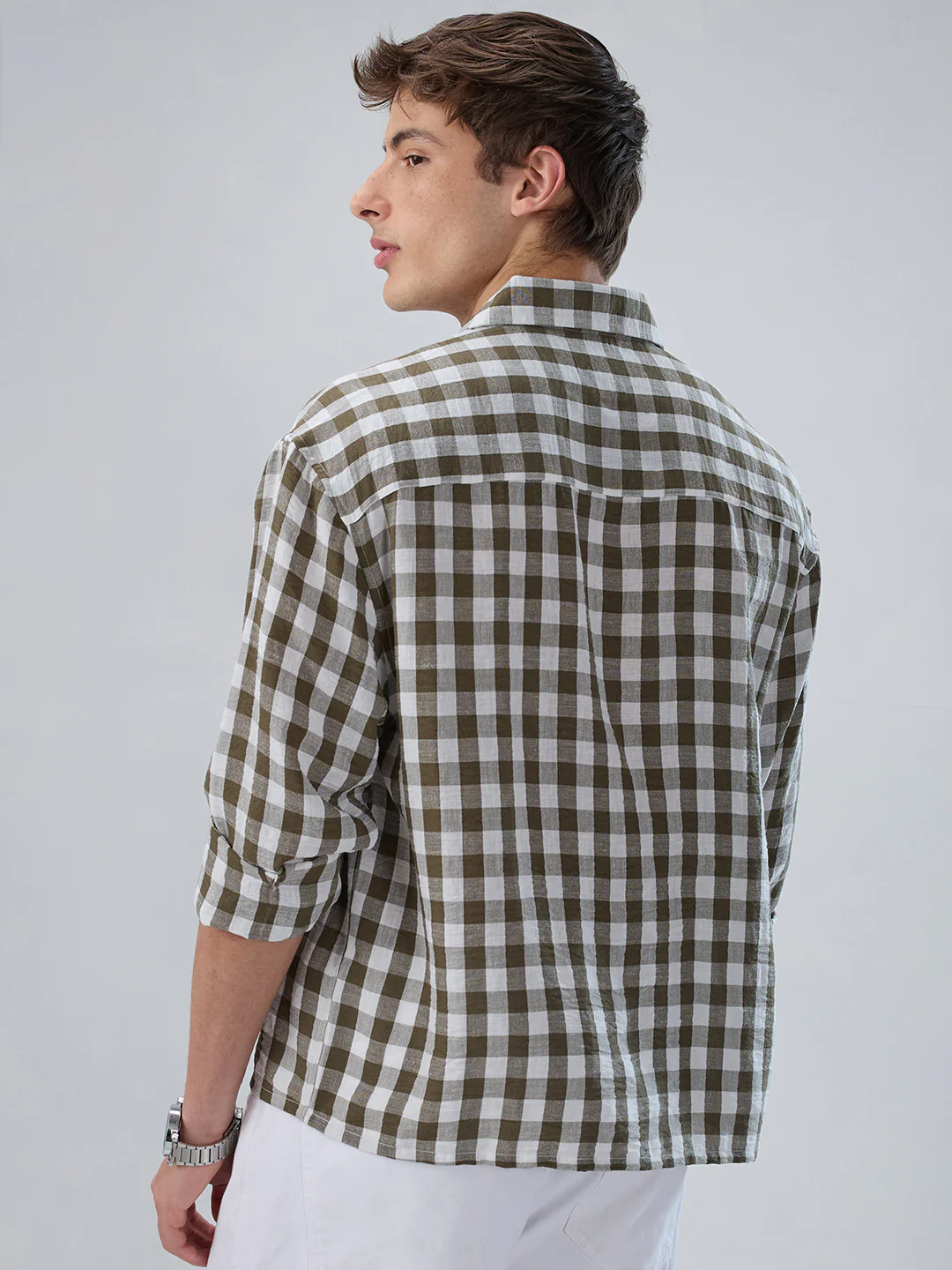 Olive Gingham Checks Crinkled Boxy Fit Crop Shirt - Image 6