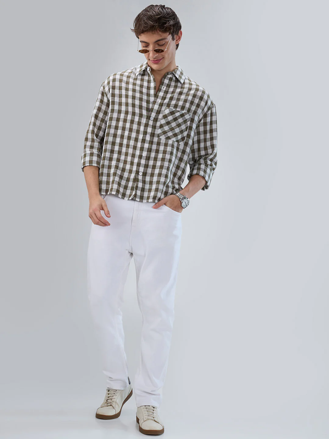 Olive Gingham Checks Crinkled Boxy Fit Crop Shirt - Image 7