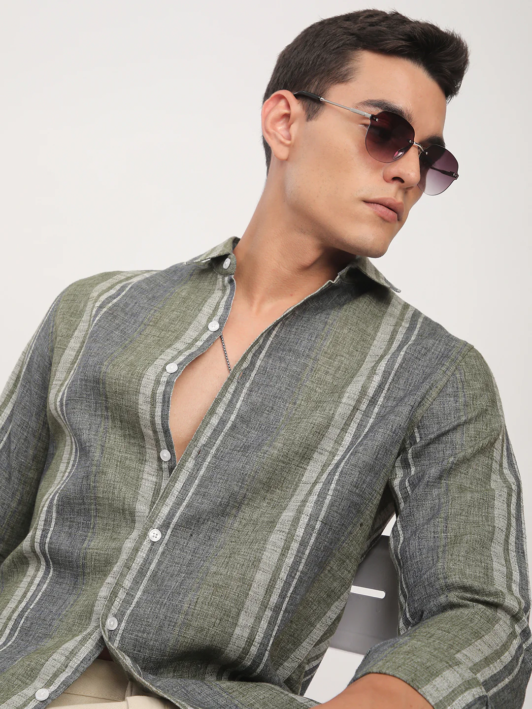 Olive Green & Grey Slub Striped Shirt - Image 2