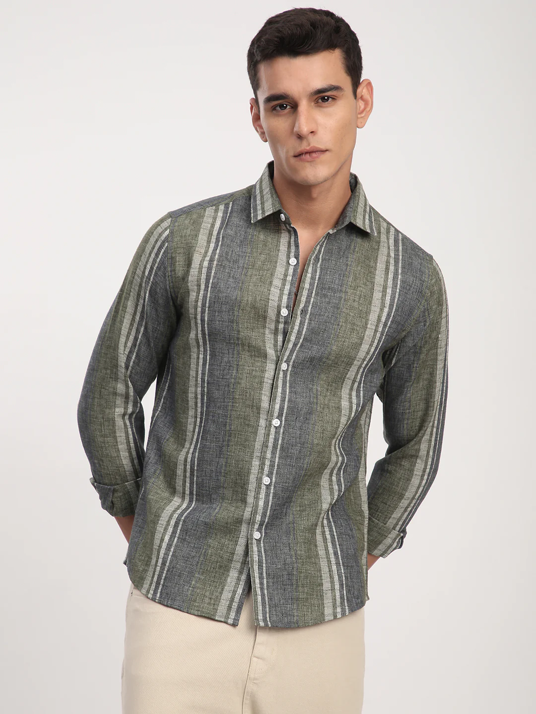 Olive Green & Grey Slub Striped Shirt - Image 5