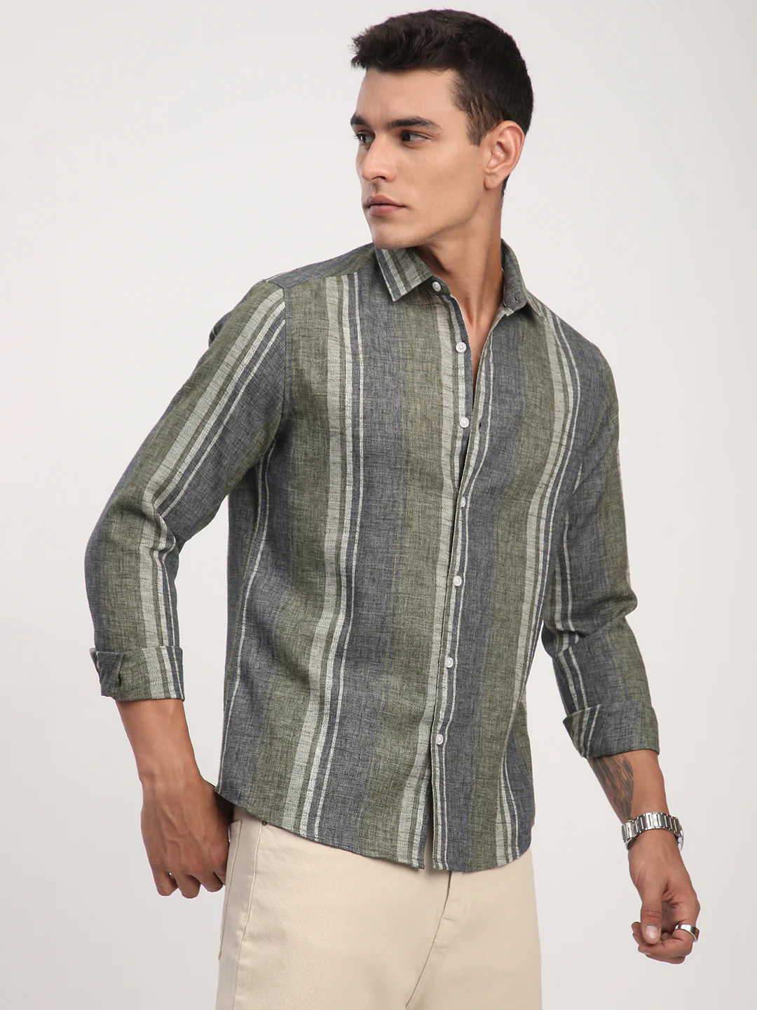 Olive Green & Grey Slub Striped Shirt - Image 6