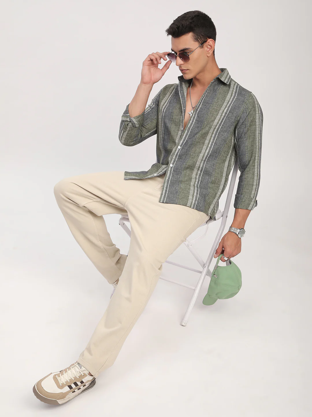 Olive Green & Grey Slub Striped Shirt - Image 8