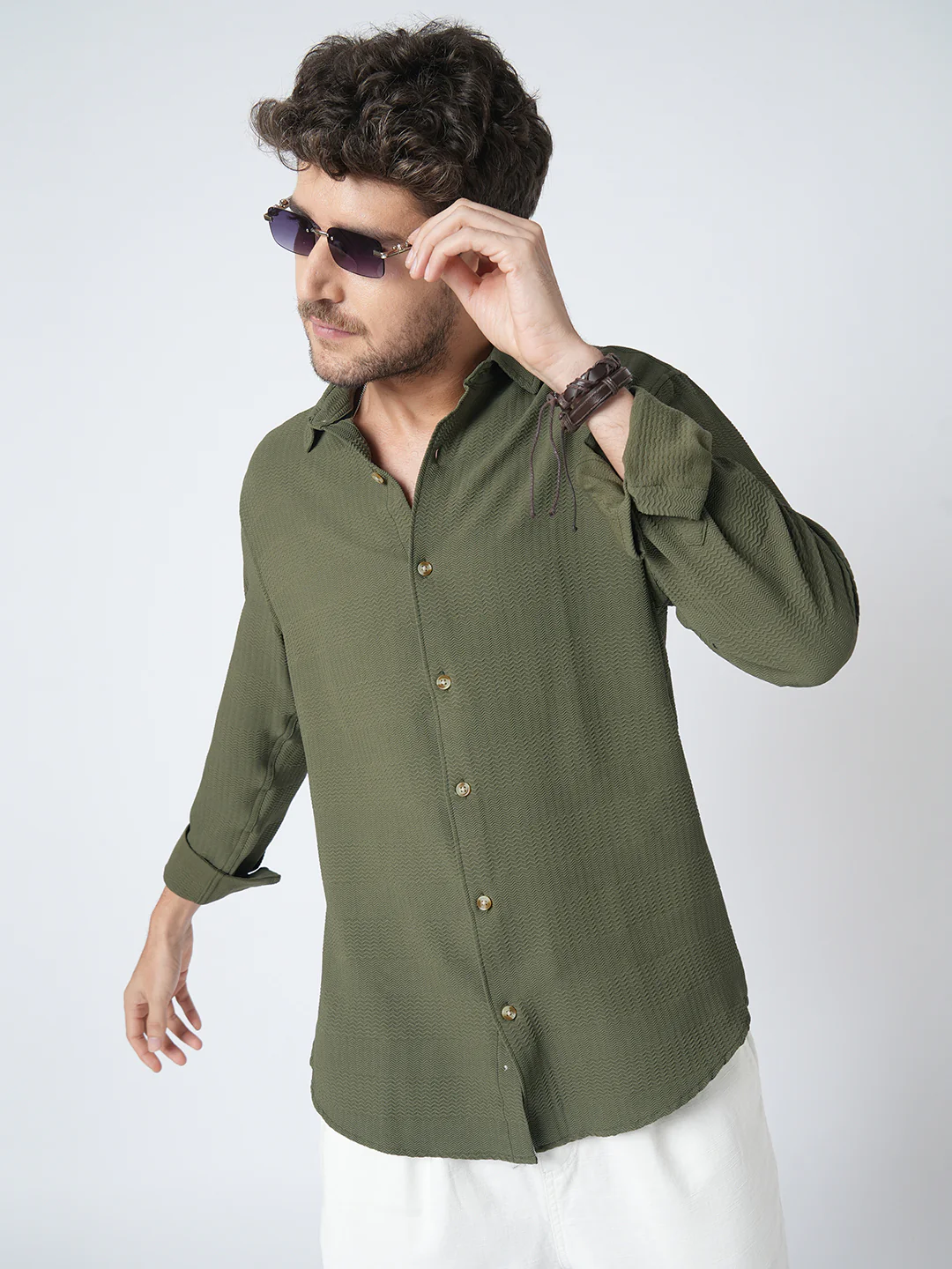 Olive Green Terrain Ripple Detail Textured Shirt - Image 2