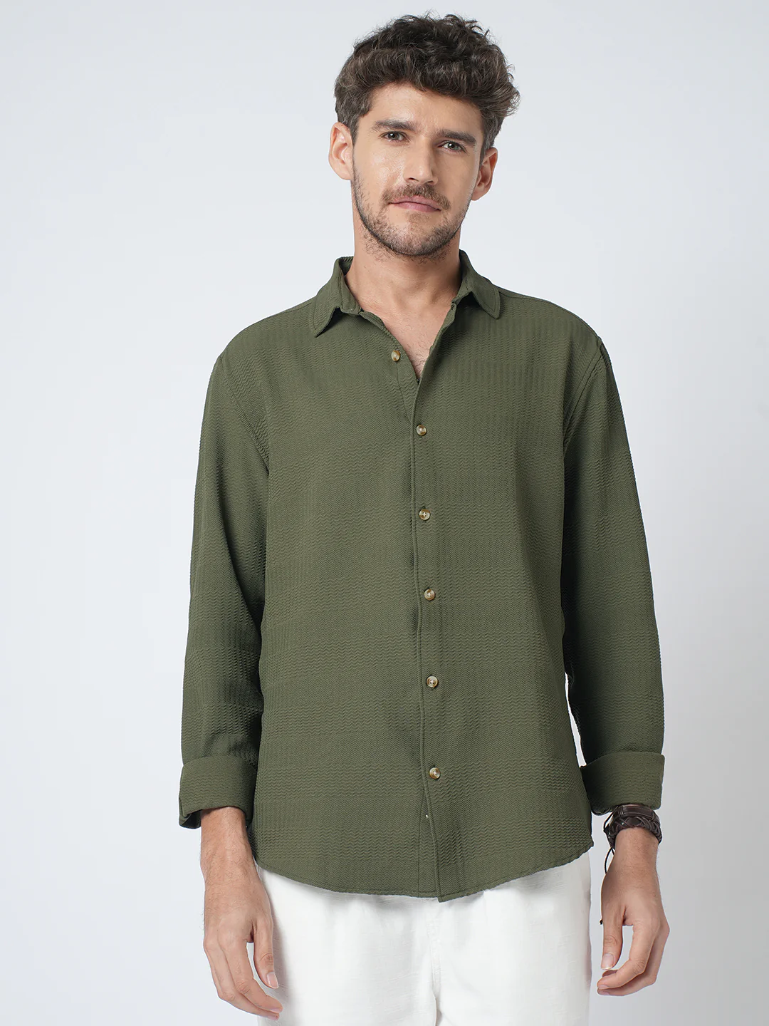 Olive Green Terrain Ripple Detail Textured Shirt - Image 4