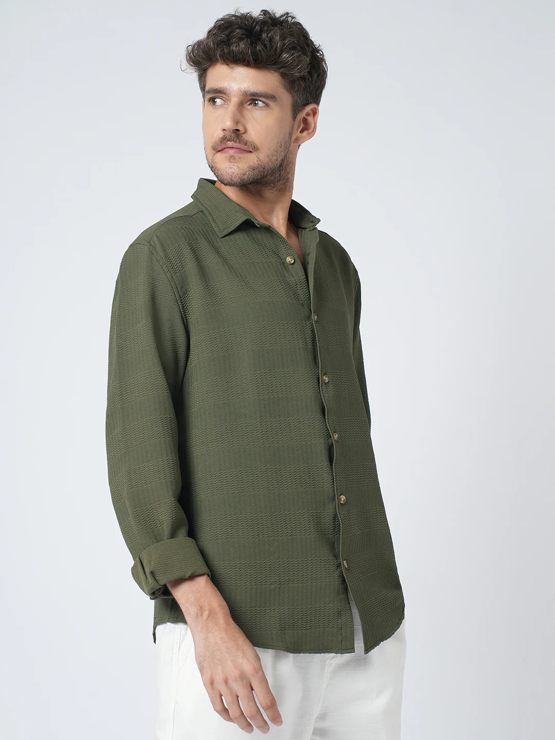 Olive Green Terrain Ripple Detail Textured Shirt - Image 5