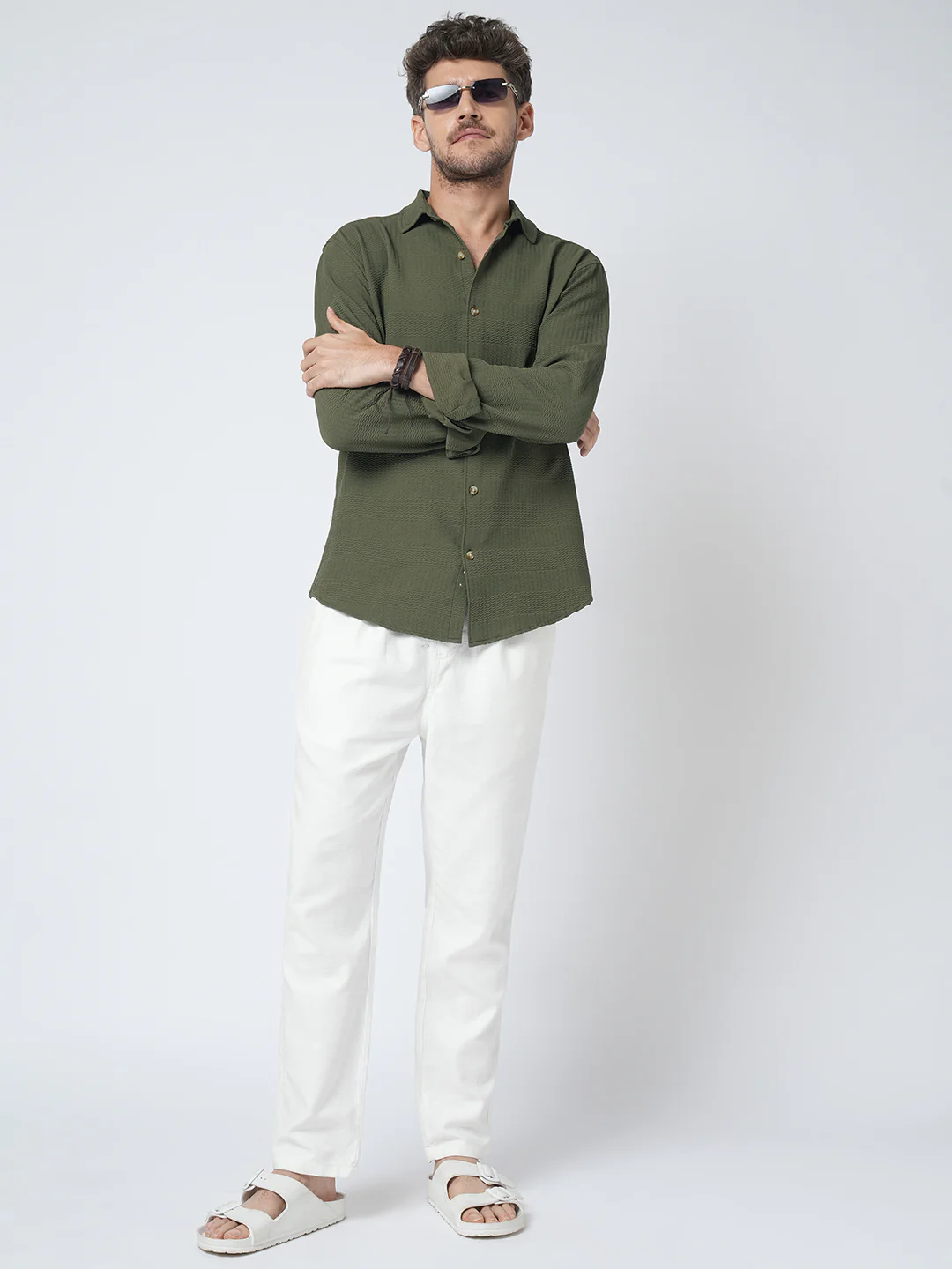 Olive Green Terrain Ripple Detail Textured Shirt - Image 7