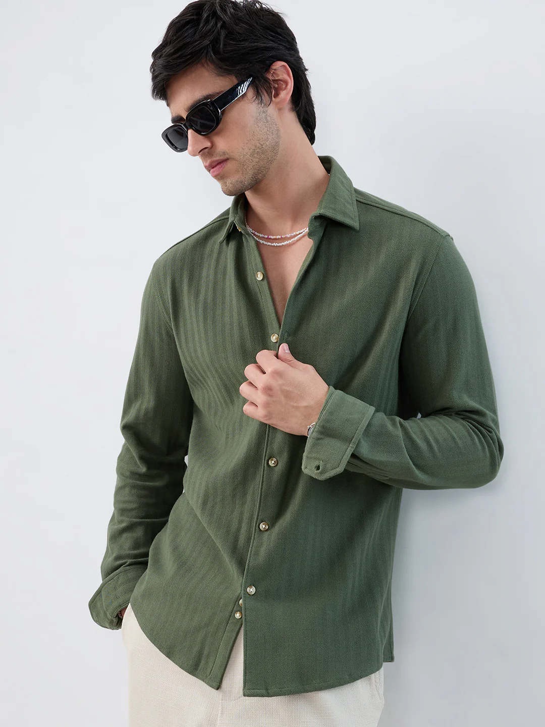 Olive Herringbone Textured Knitted Shirt - Image 2