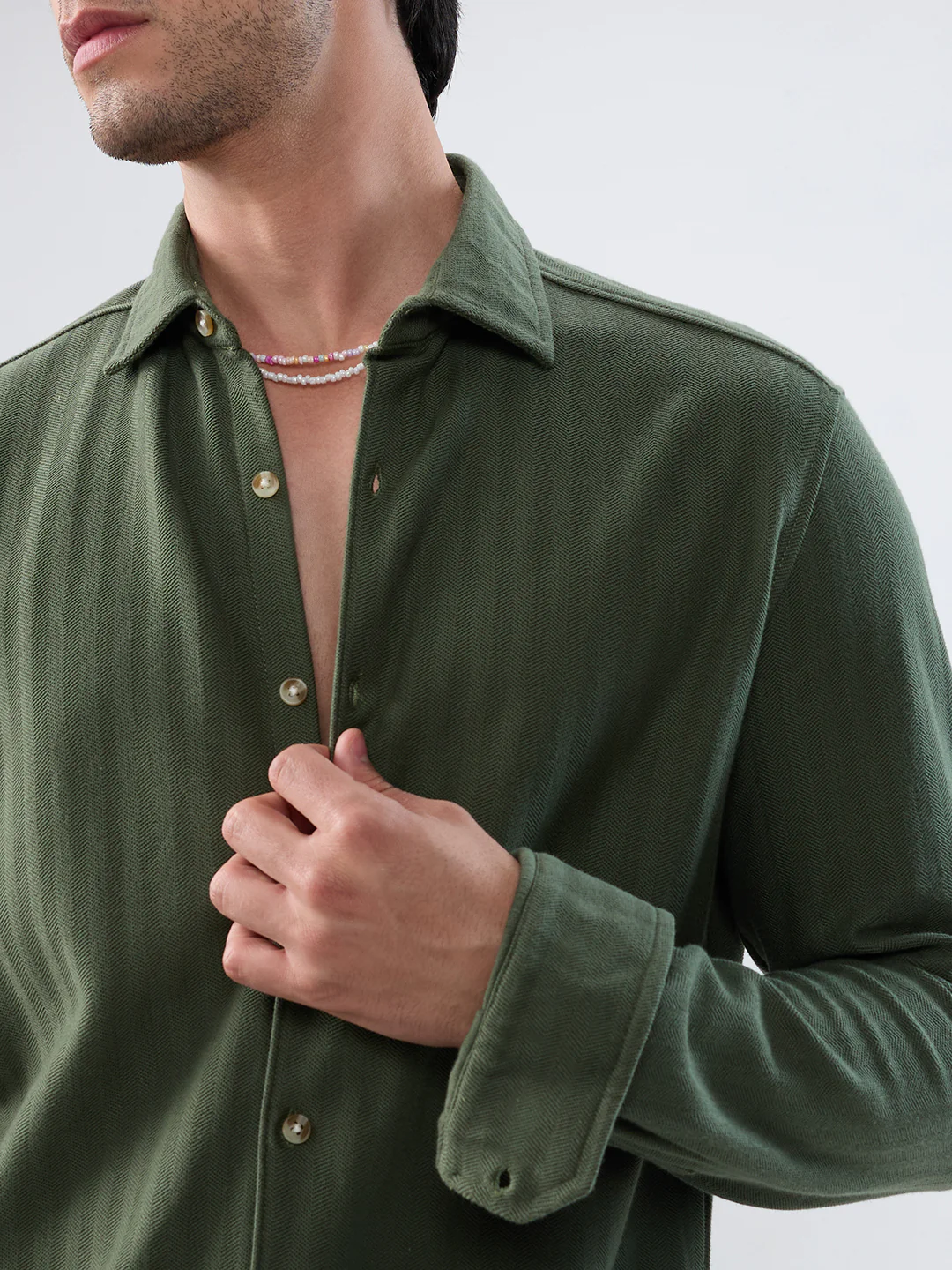 Olive Herringbone Textured Knitted Shirt - Image 3