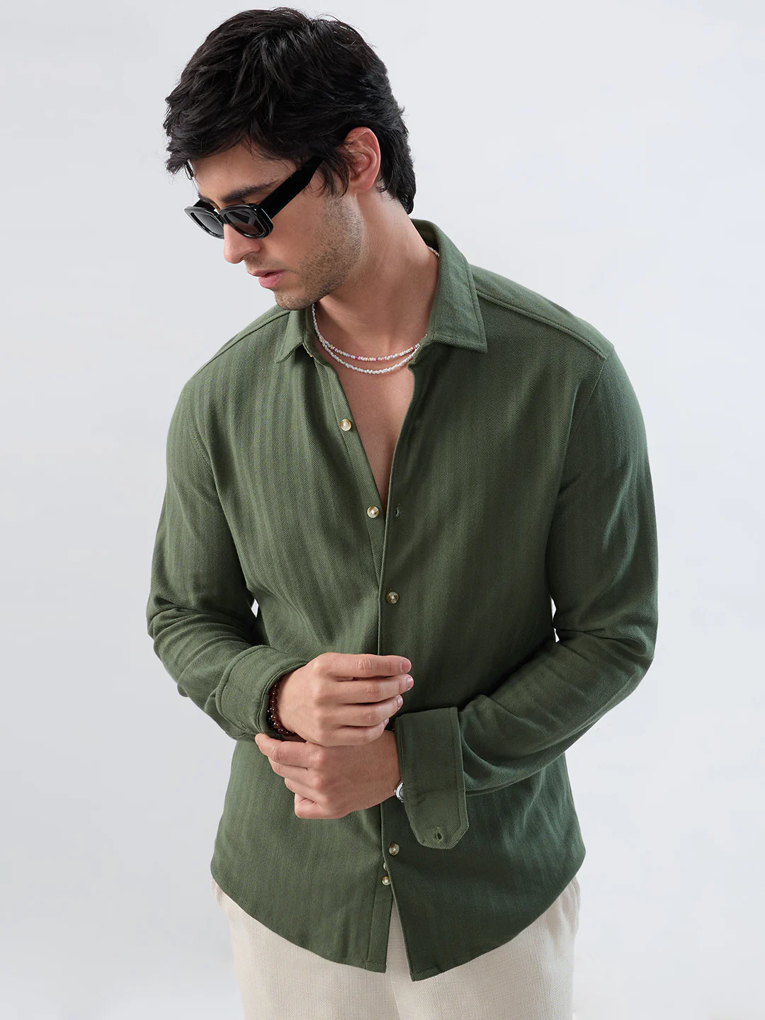 Olive Herringbone Textured Knitted Shirt - Image 4