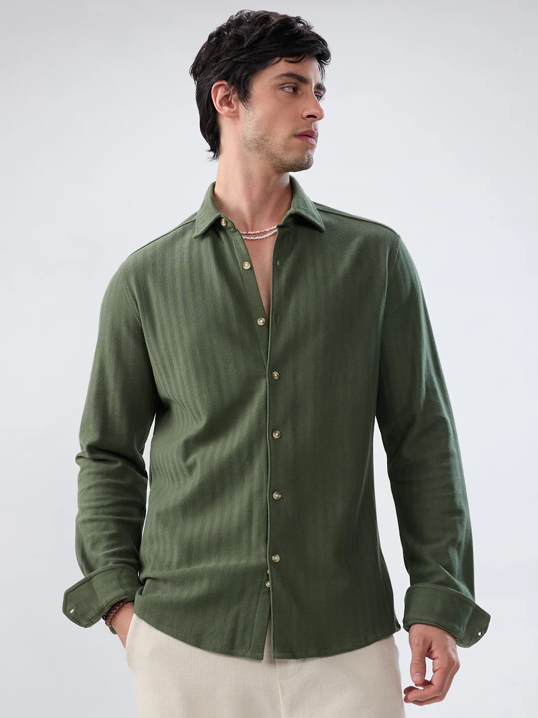 Olive Herringbone Textured Knitted Shirt - Image 5