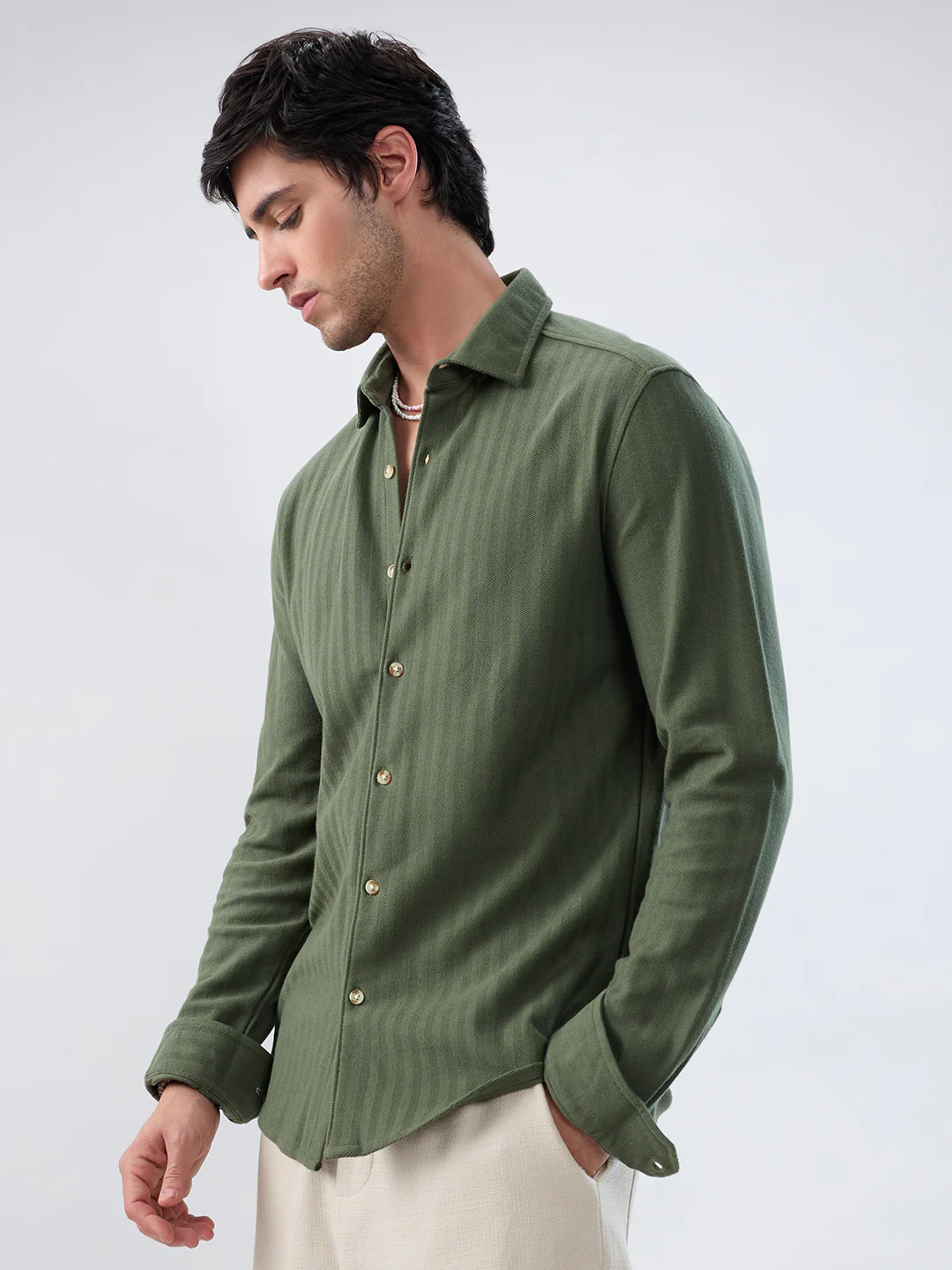 Olive Herringbone Textured Knitted Shirt - Image 6