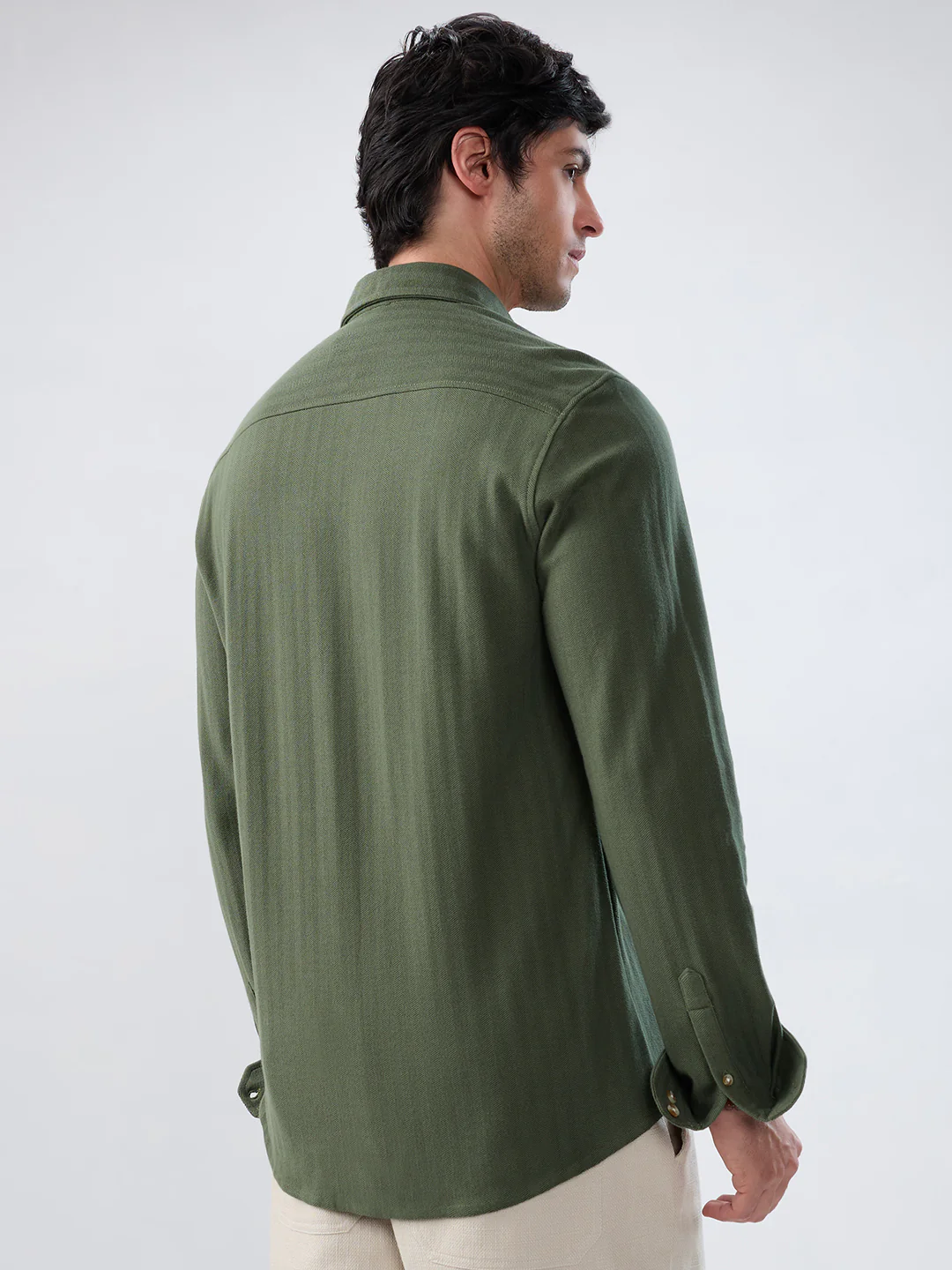 Olive Herringbone Textured Knitted Shirt - Image 7