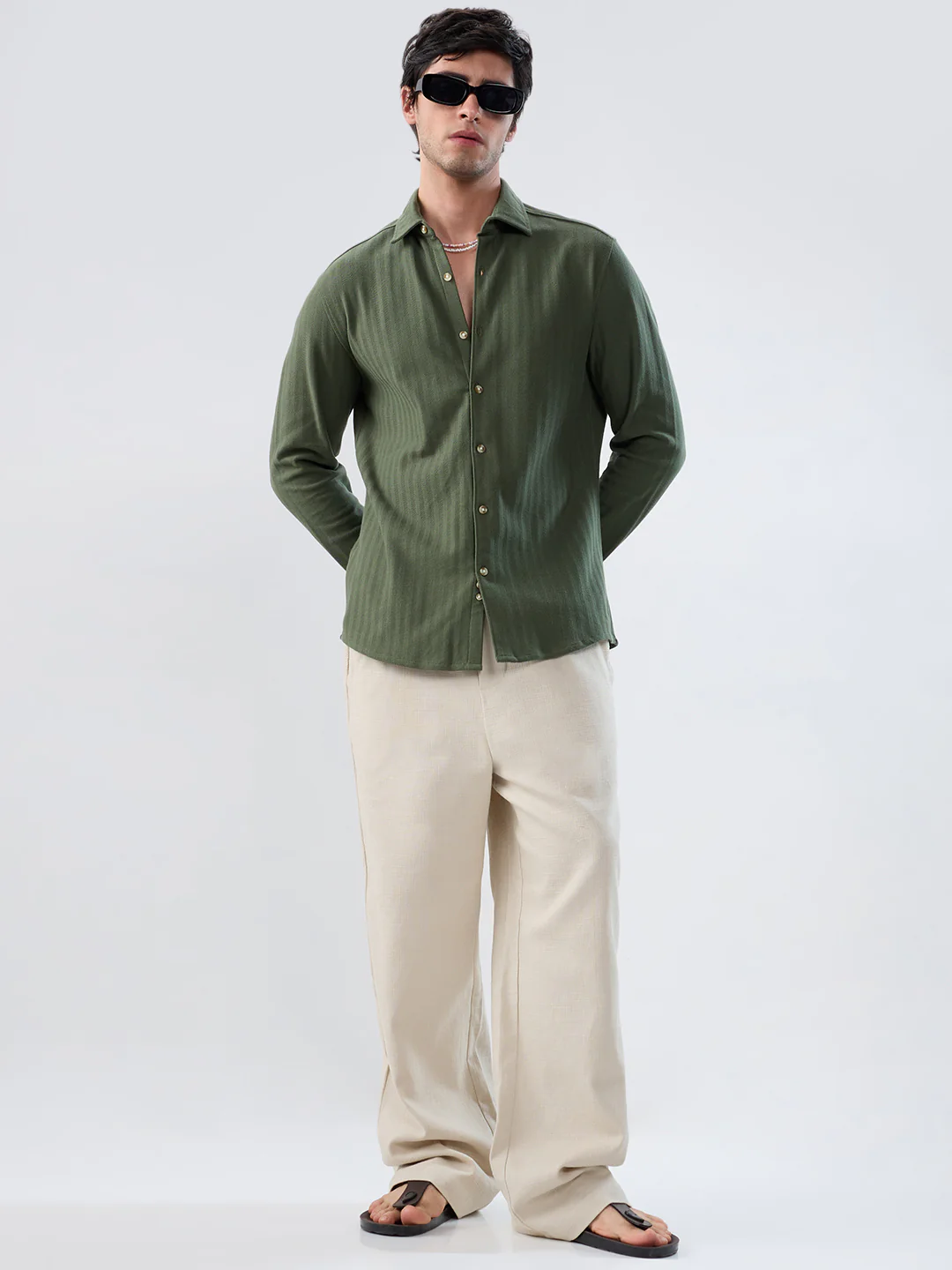 Olive Herringbone Textured Knitted Shirt - Image 8