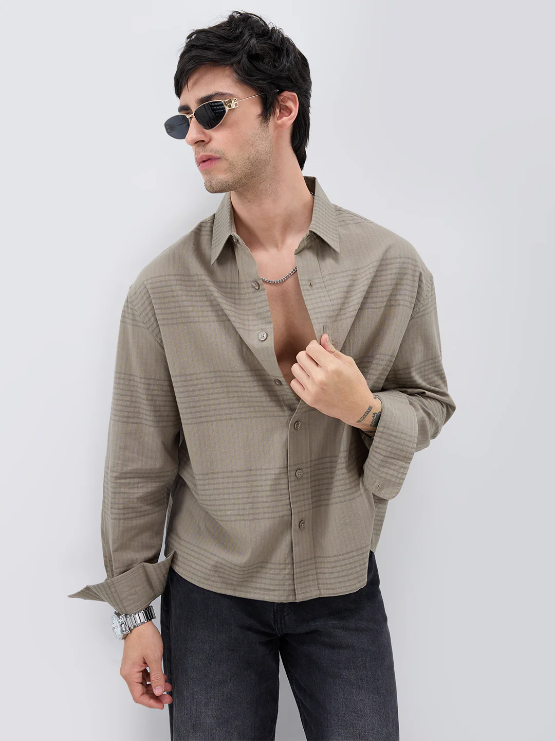 Olive Horizontal Striped Boxy Fit Crop Shirt - Image 2