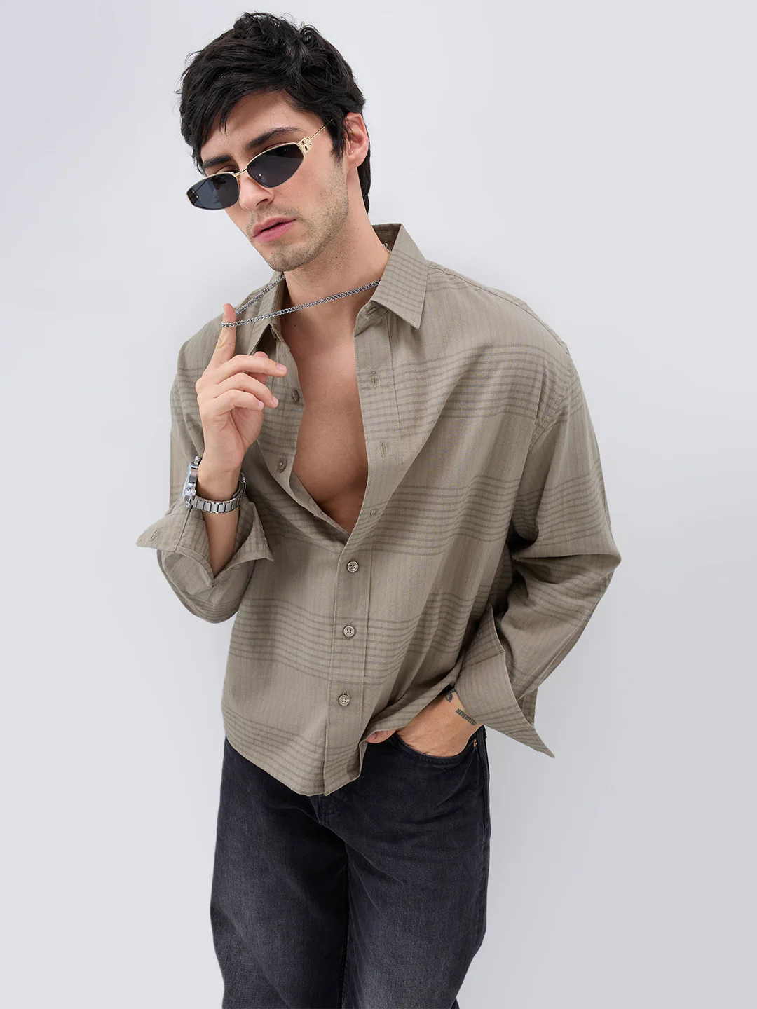 Olive Horizontal Striped Boxy Fit Crop Shirt - Image 4