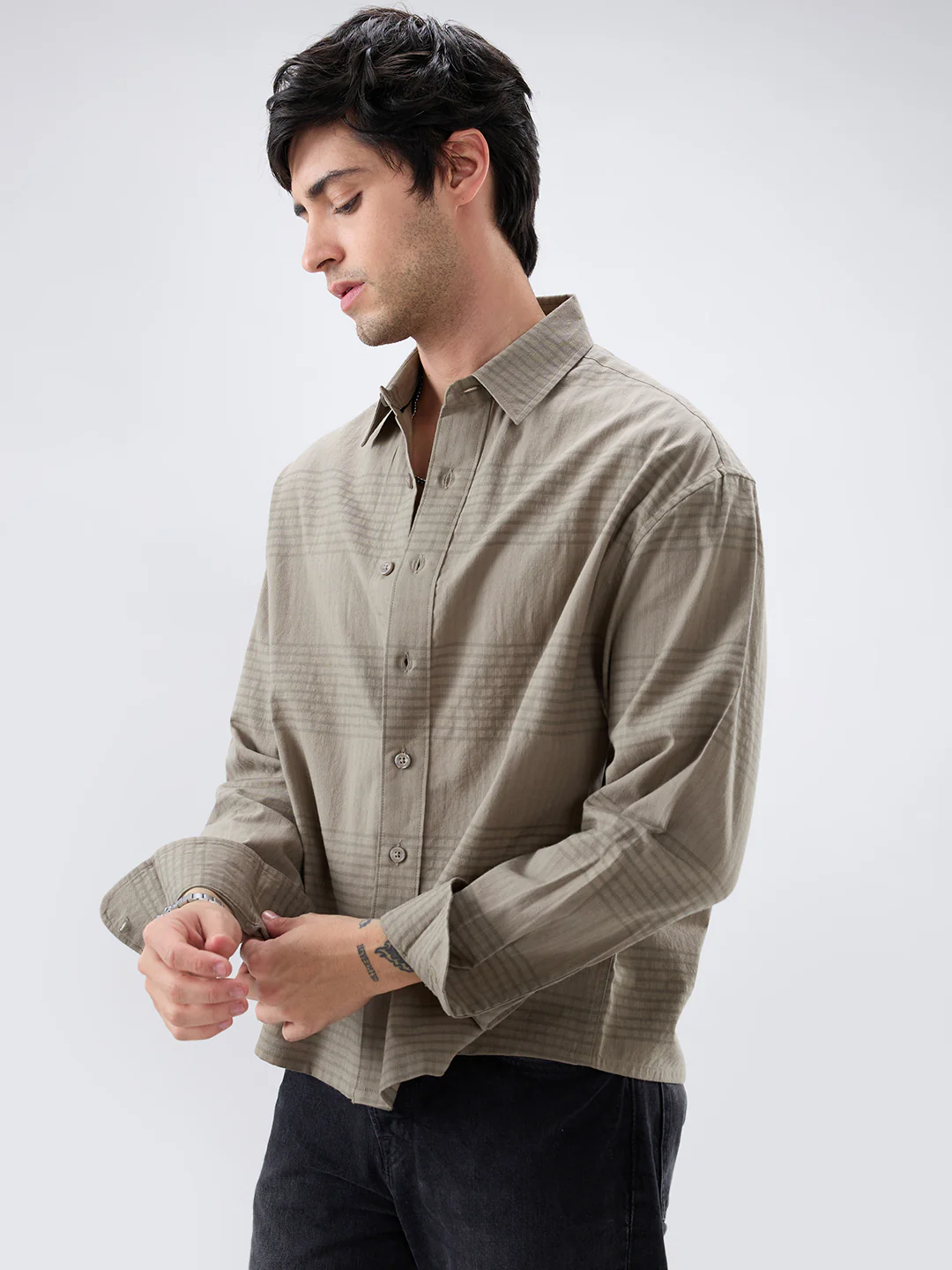 Olive Horizontal Striped Boxy Fit Crop Shirt - Image 6