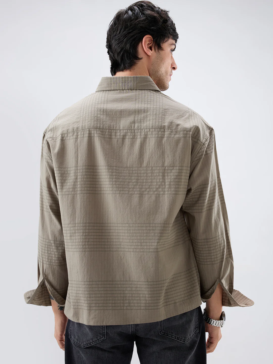 Olive Horizontal Striped Boxy Fit Crop Shirt - Image 7