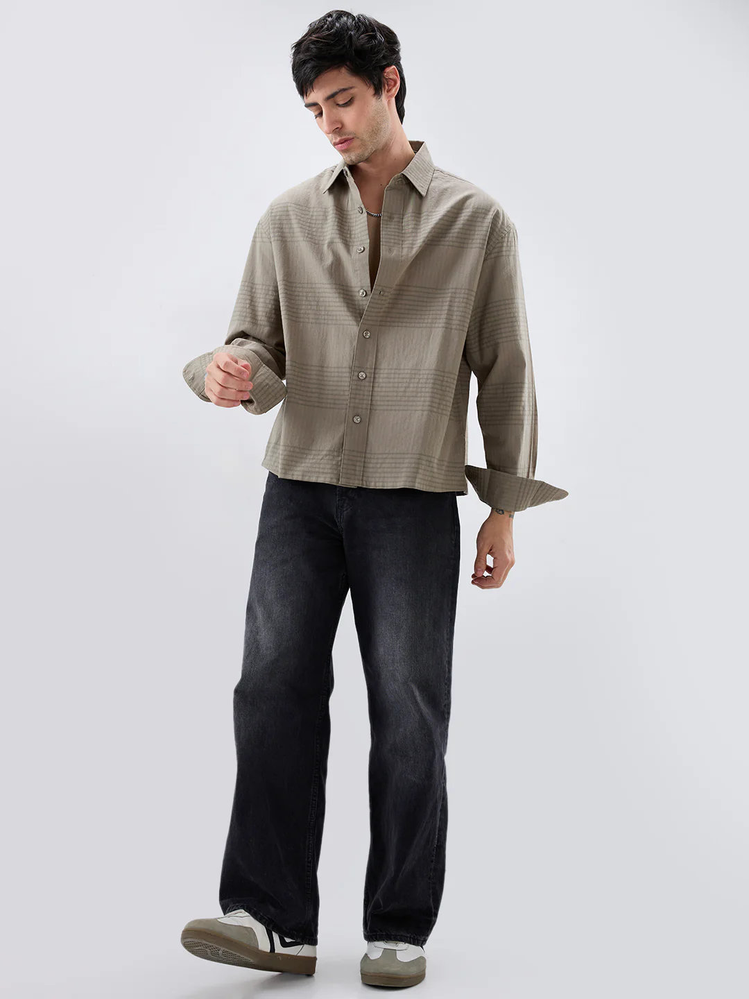 Olive Horizontal Striped Boxy Fit Crop Shirt - Image 8