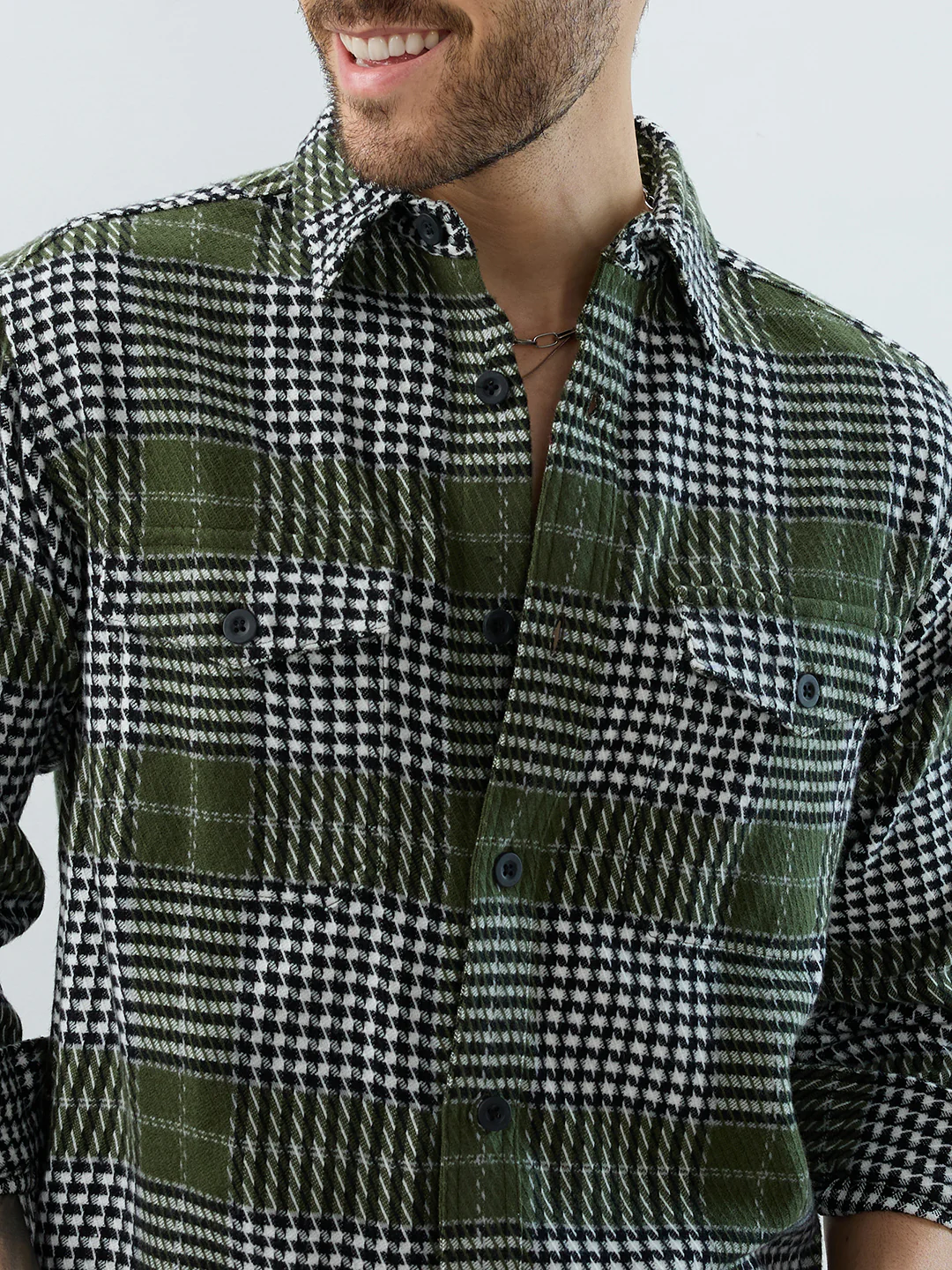 Olive Houndstooth Checkmate Twin Pocket Flannel Shirt - Image 3