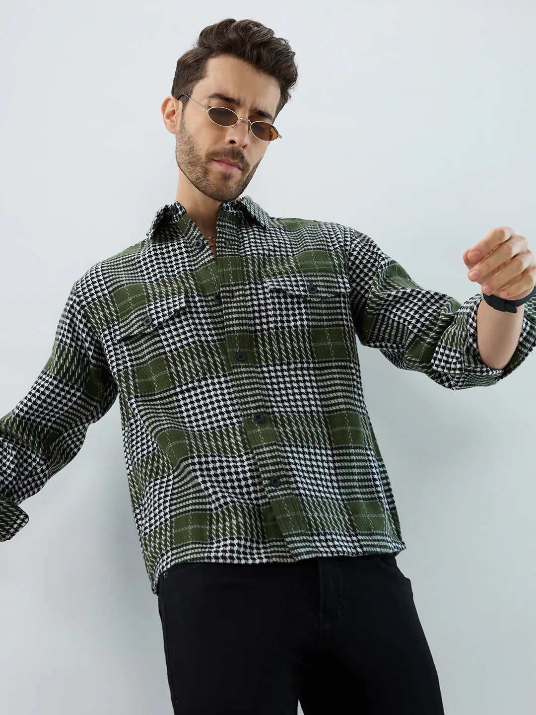 Olive Houndstooth Checkmate Twin Pocket Flannel Shirt - Image 4