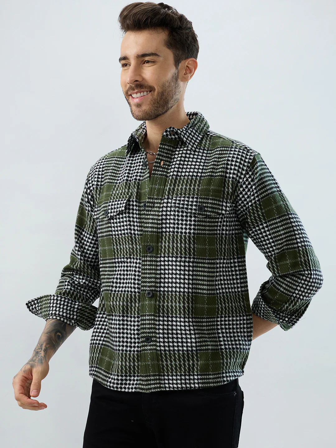 Olive Houndstooth Checkmate Twin Pocket Flannel Shirt - Image 5