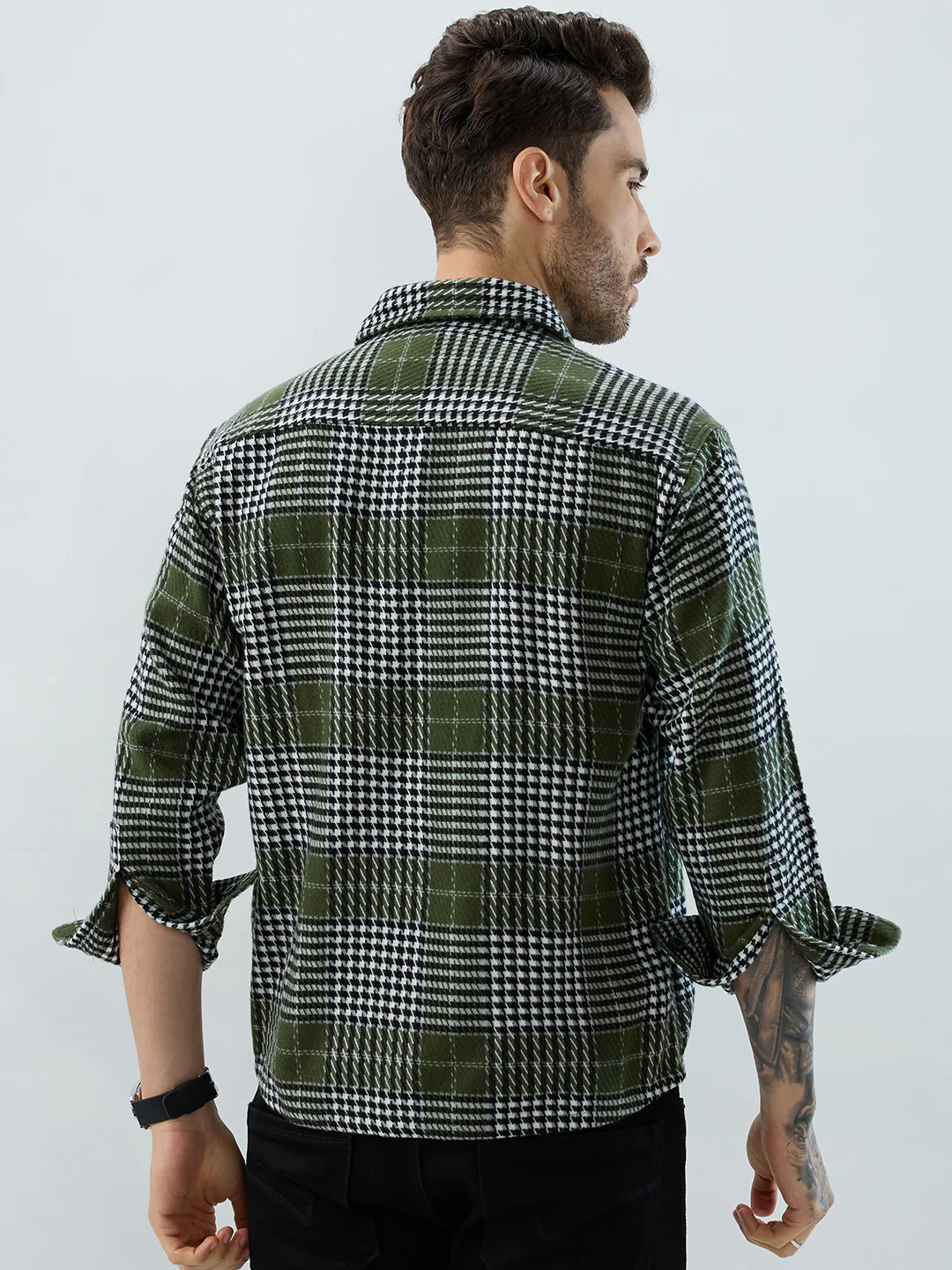 Olive Houndstooth Checkmate Twin Pocket Flannel Shirt - Image 6