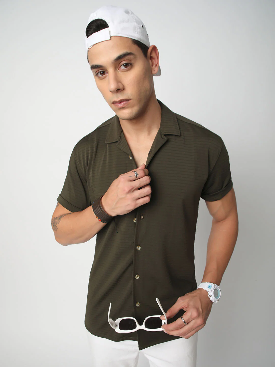 Olive Line Textured Knitted Shirt - Image 2