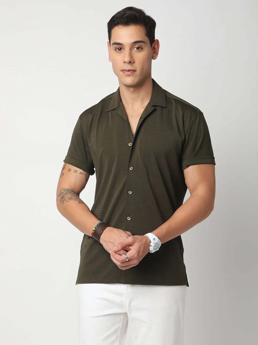 Olive Line Textured Knitted Shirt - Image 4