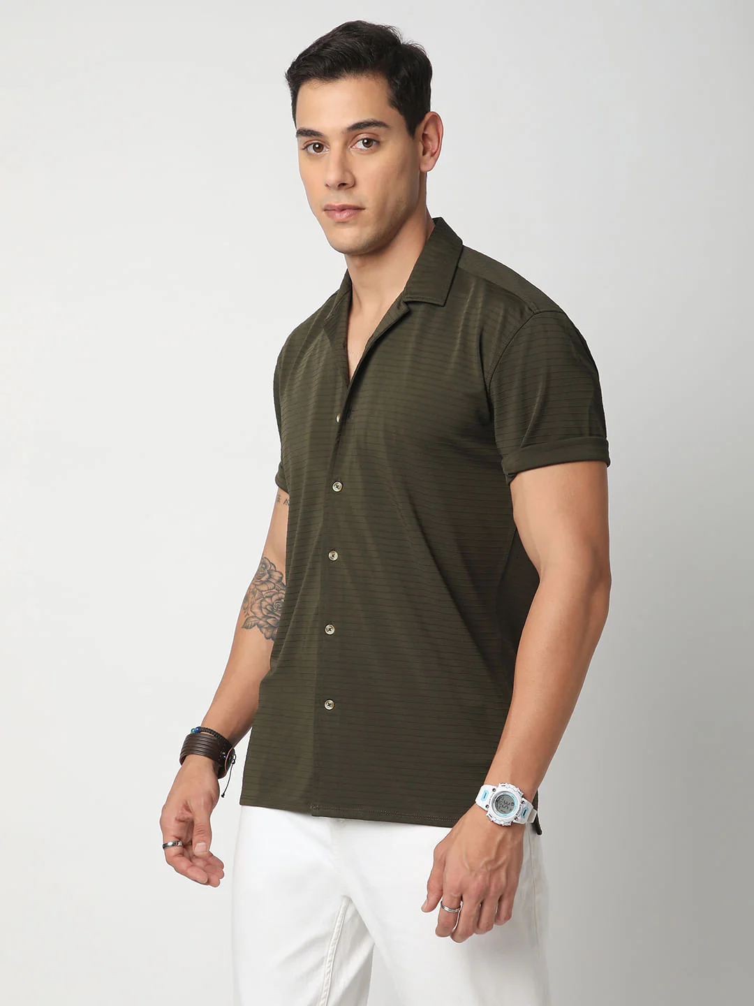 Olive Line Textured Knitted Shirt - Image 5