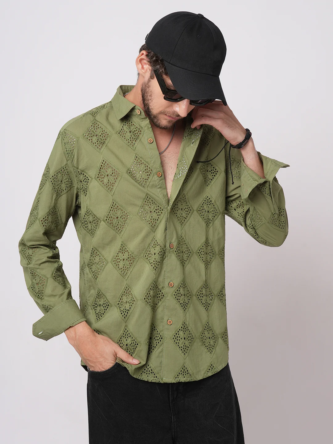 Olive Lozenge Schiffli Shirt - Image 2