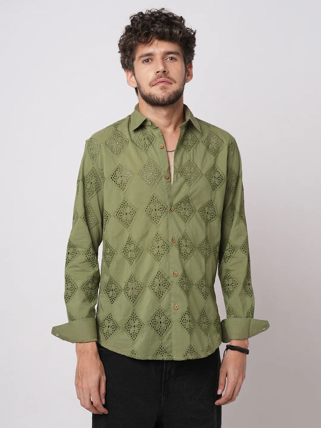 Olive Lozenge Schiffli Shirt - Image 4