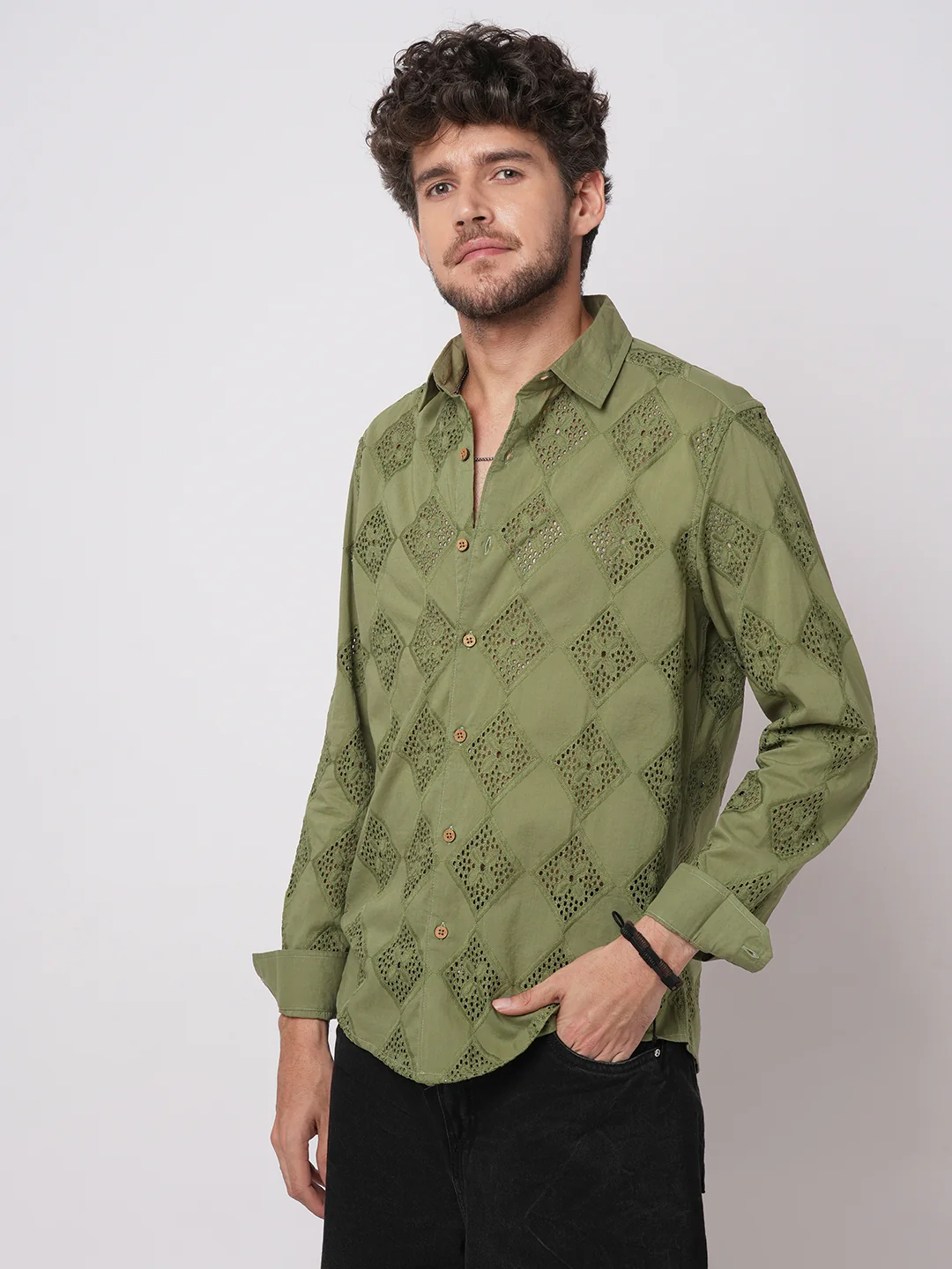 Olive Lozenge Schiffli Shirt - Image 5