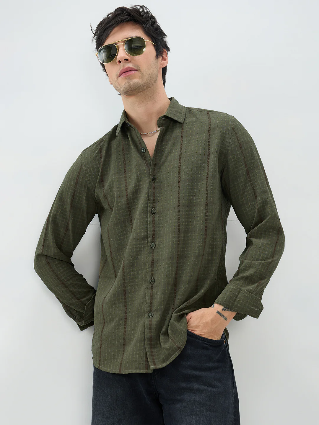 Olive Micro Checks Textured Shirt