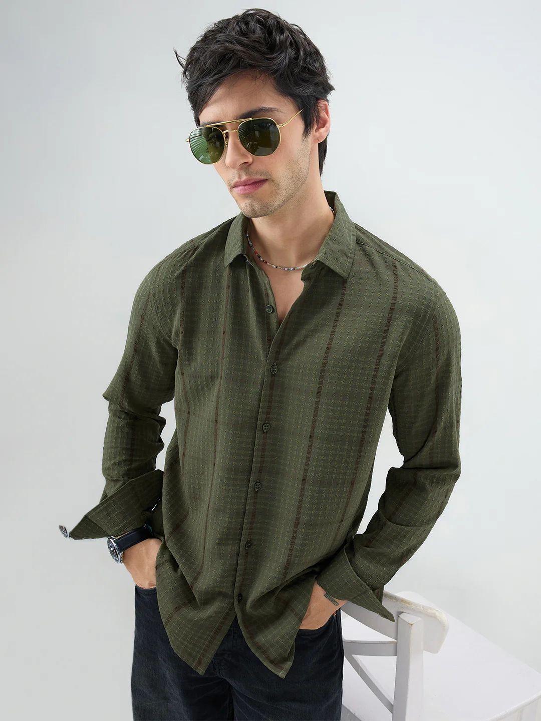 Olive Micro Checks Textured Shirt - Image 2