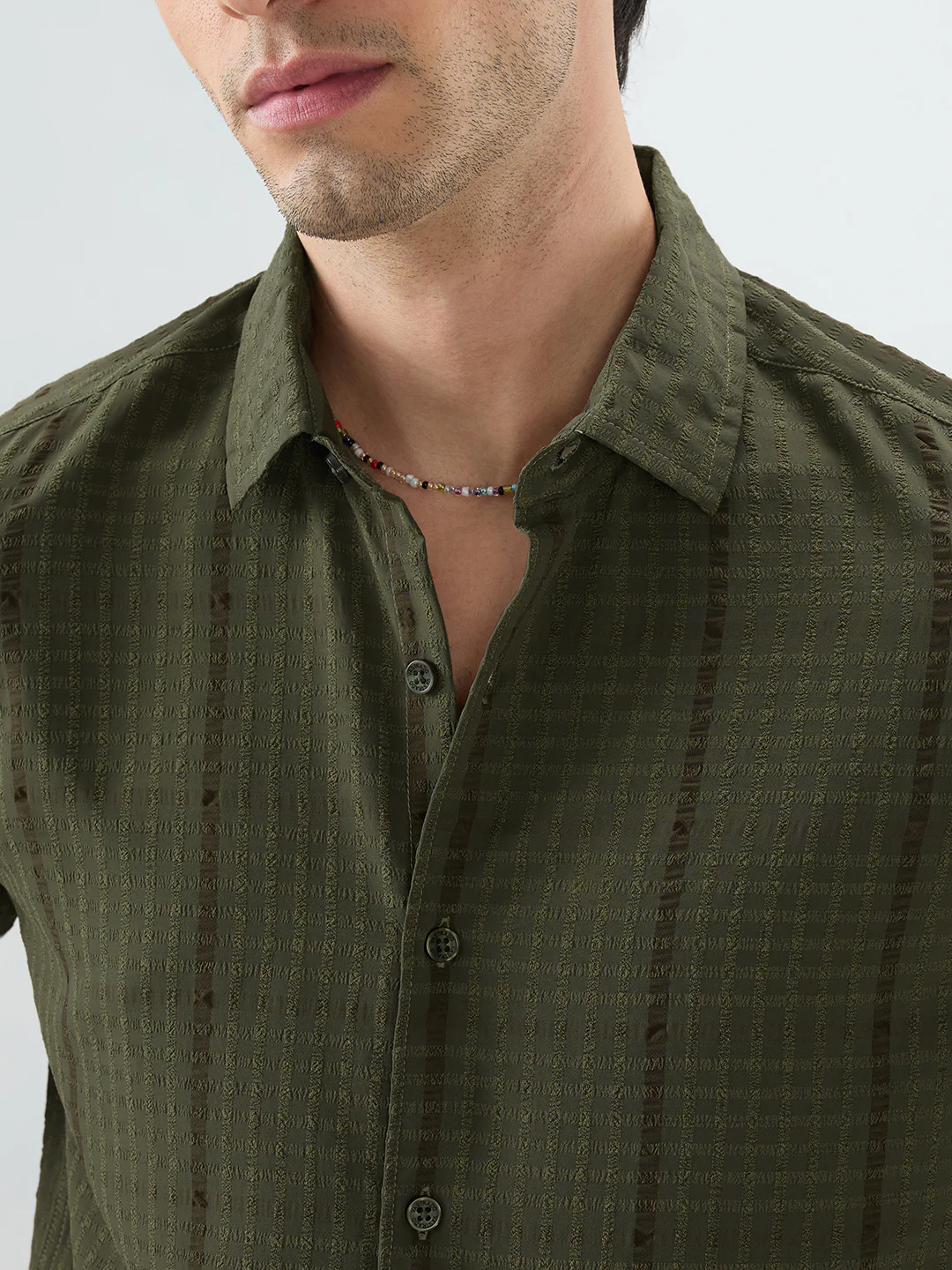 Olive Micro Checks Textured Shirt - Image 3