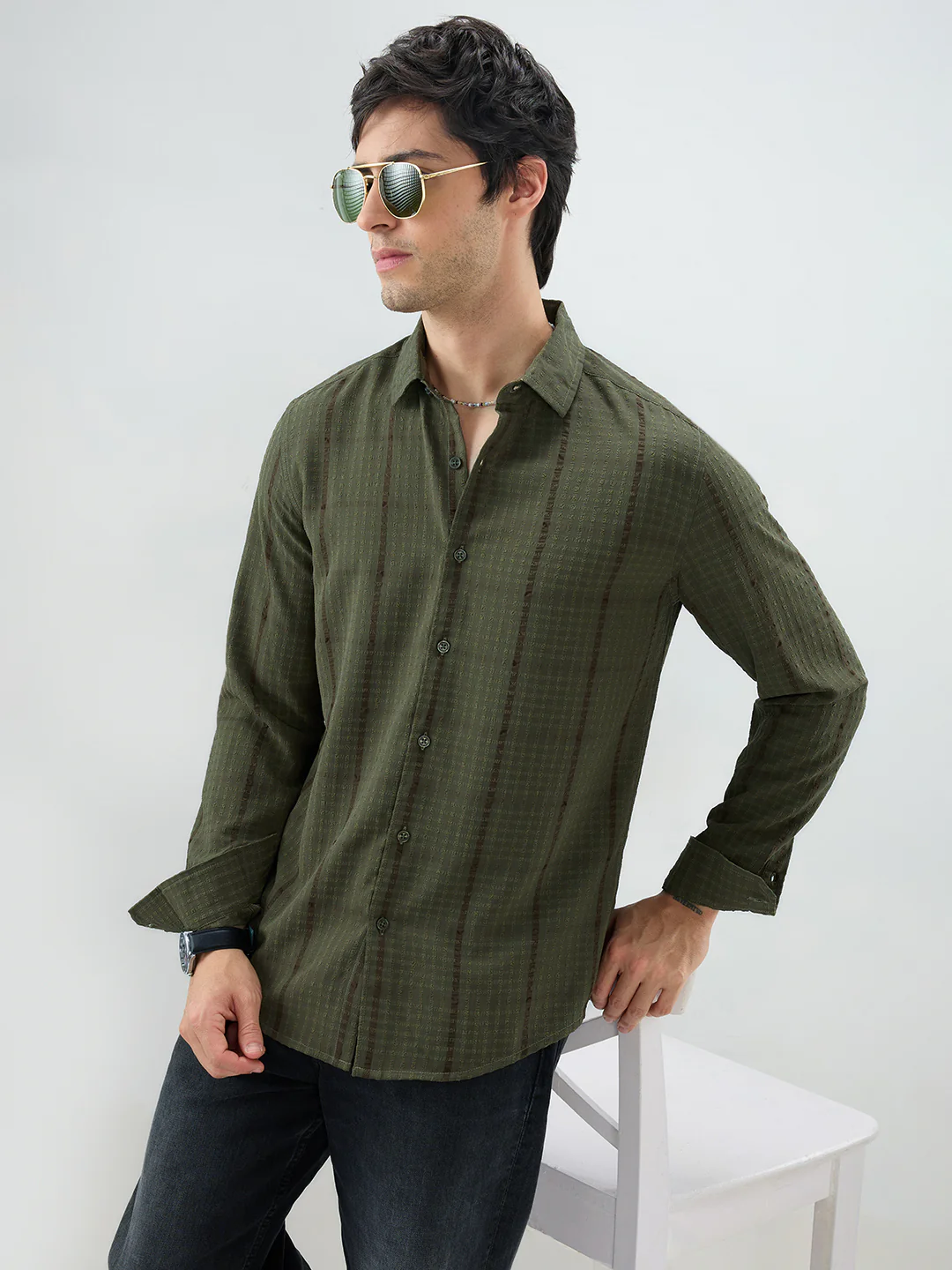 Olive Micro Checks Textured Shirt - Image 4