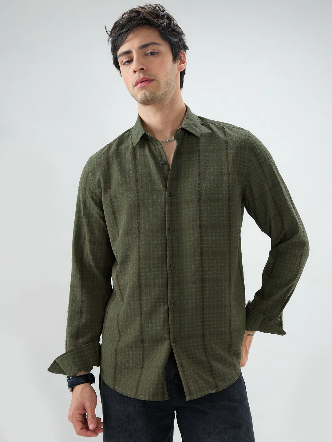Olive Micro Checks Textured Shirt - Image 5