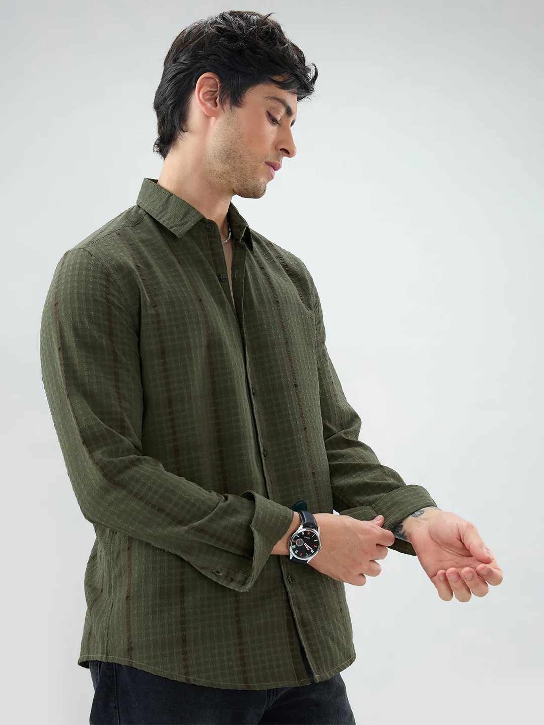 Olive Micro Checks Textured Shirt - Image 6
