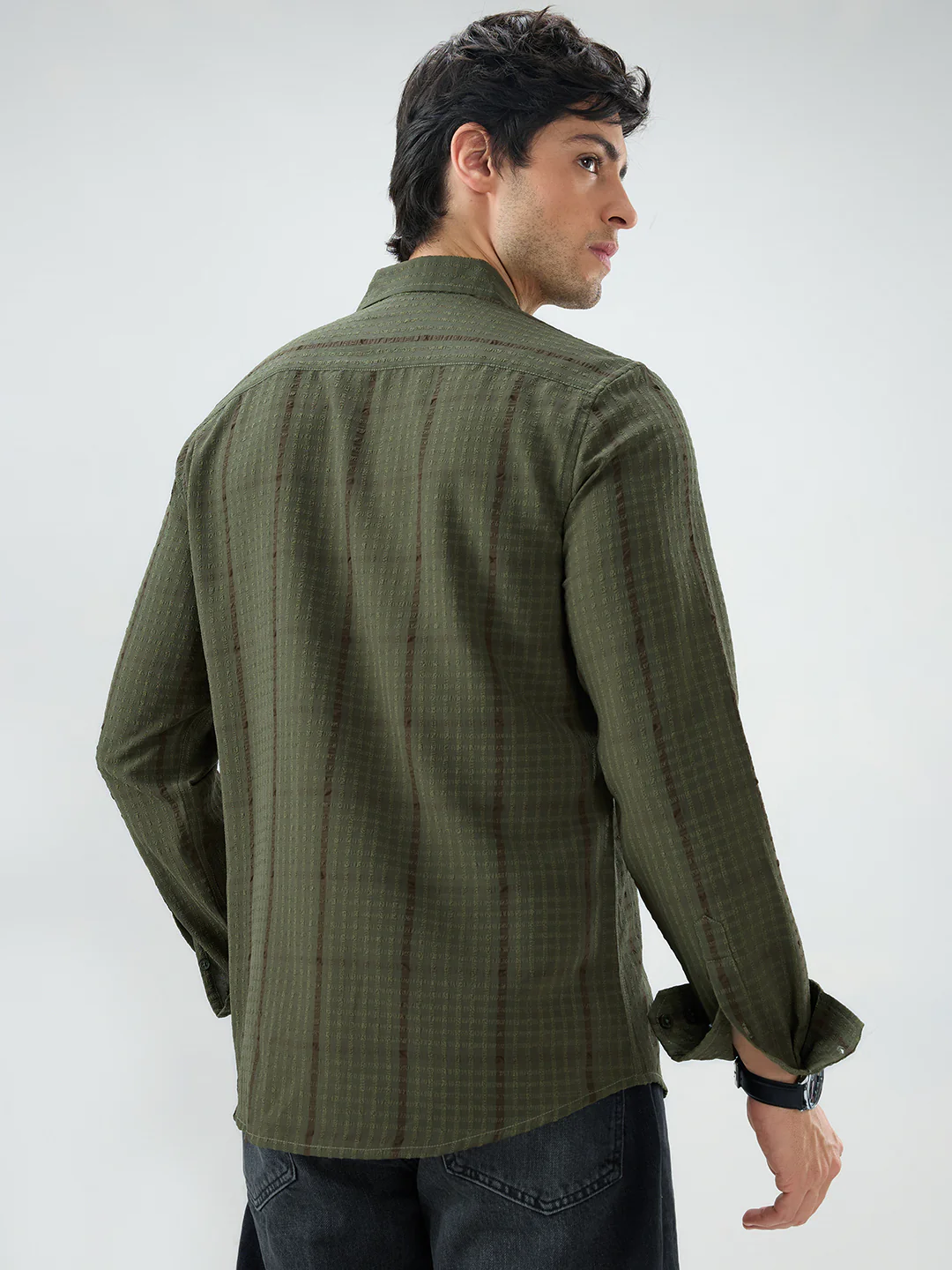Olive Micro Checks Textured Shirt - Image 7