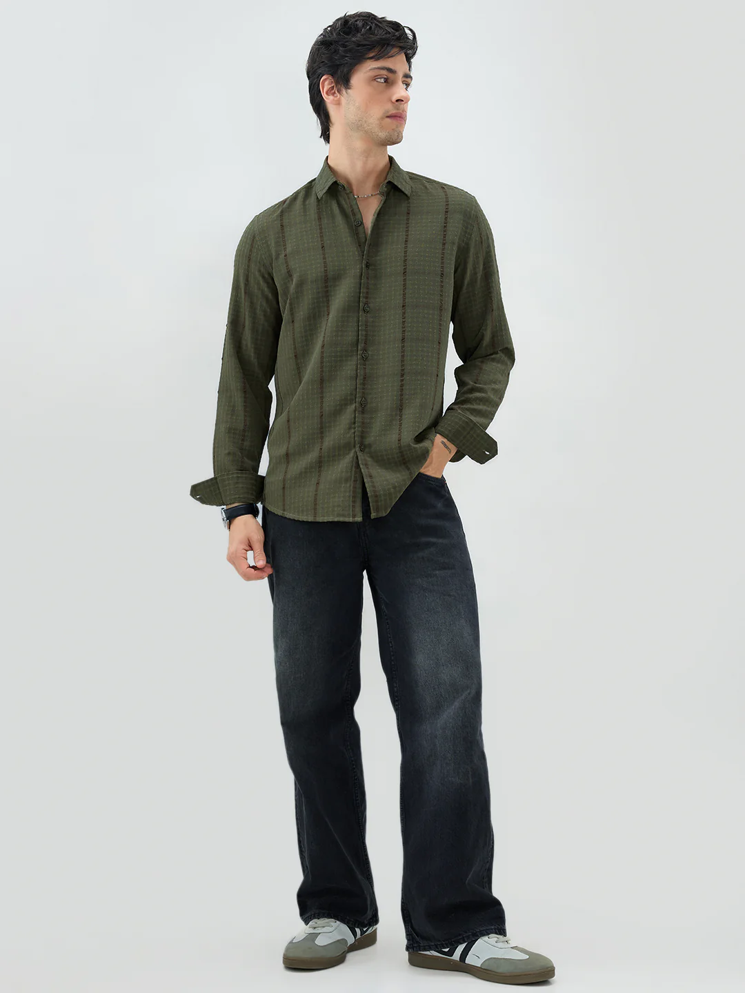 Olive Micro Checks Textured Shirt - Image 8