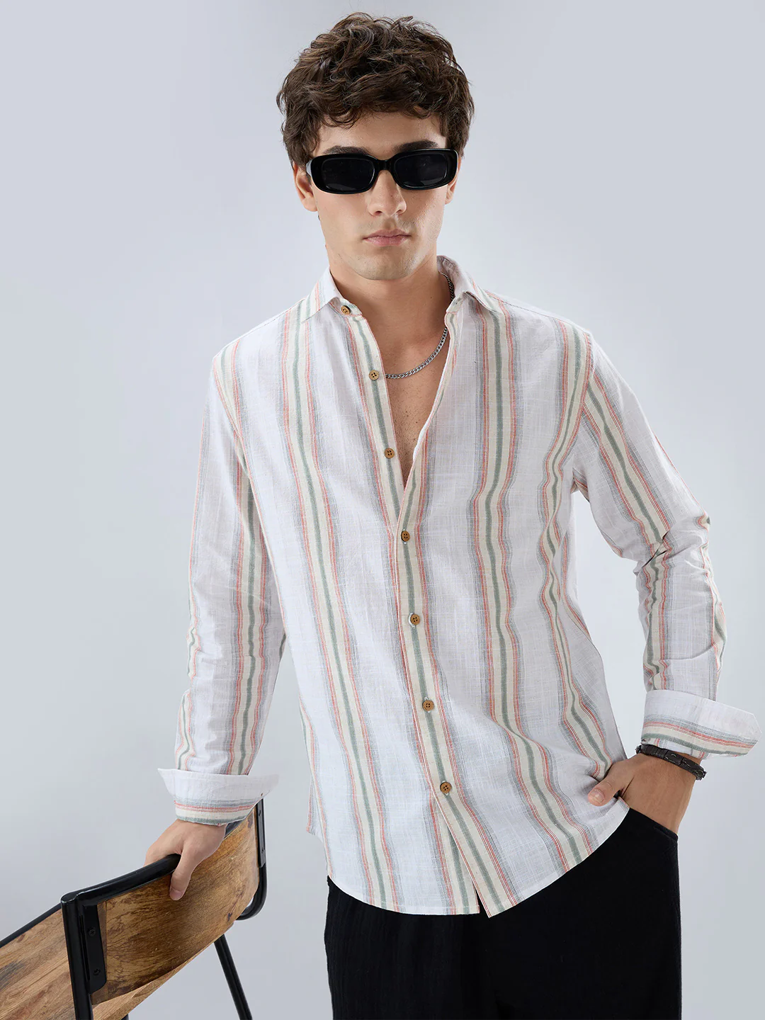 Olive Multi Striped Slub Textured Shirt - Image 2